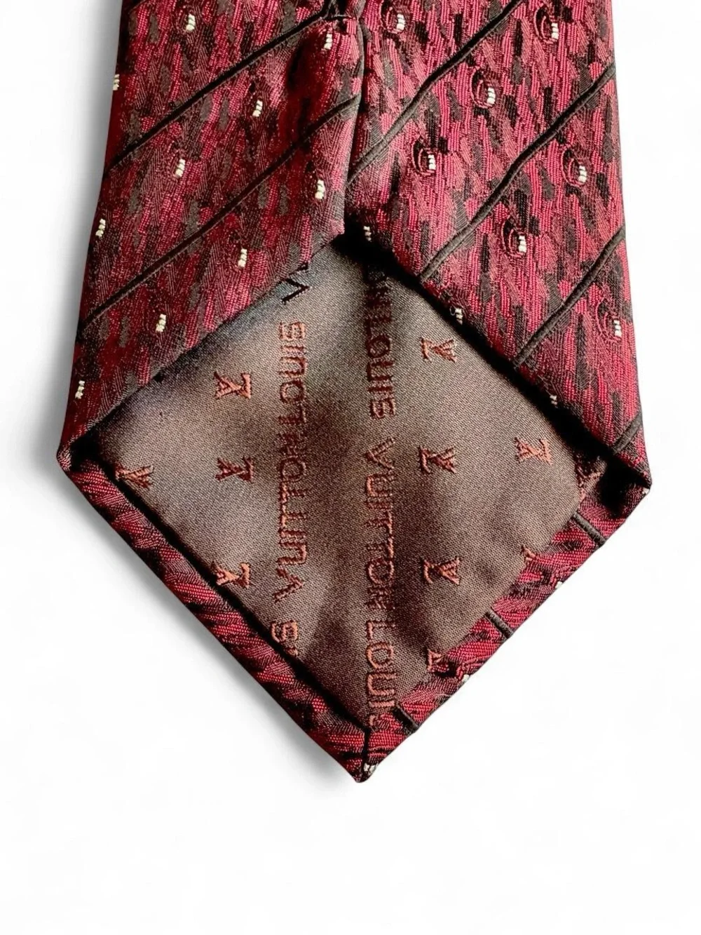 Vintage Louis Vuitton burgundy tie with diagonal stripes and small white dots